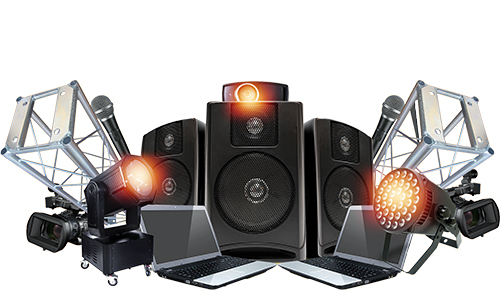 Speakers, microphones and stage lighting